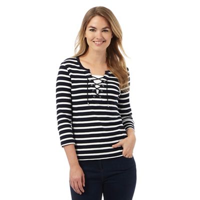 Maine New England Navy three quarter sleeve stripped lace up top